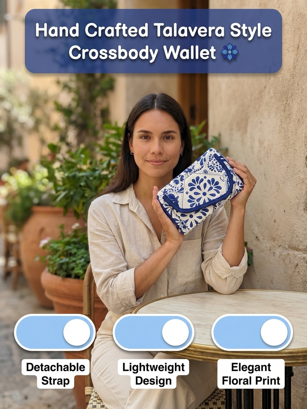 Hand Crafted Talavera Style Blue and White Floral Crossbody Wallet